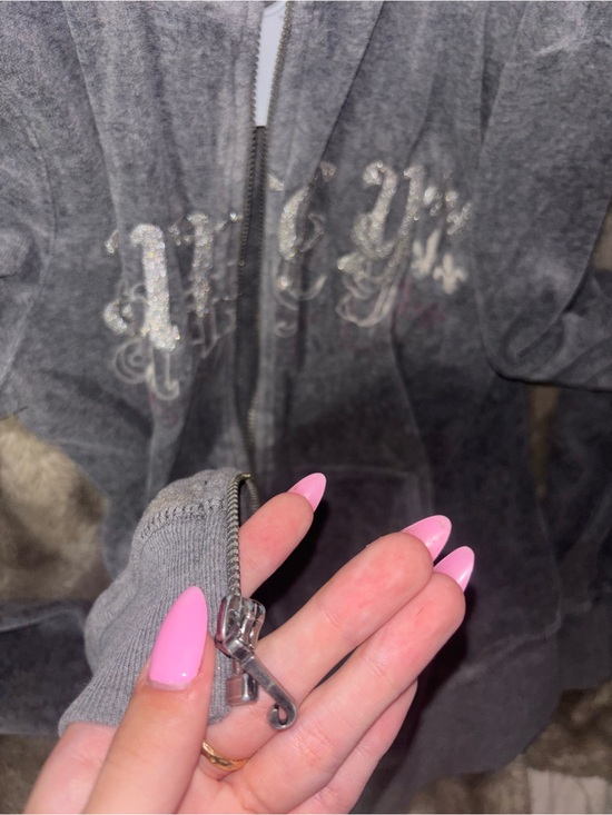 Juicy Couture Tops - Juicy Couture Grey Velour Rhinestone Gothic Logo Zip-Up Hoodie Size s